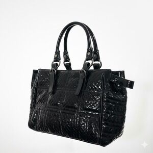 Tosca Blu Woven Leather Tote Bag Black Patent Glossy Shoulder Bag Corporate Chic